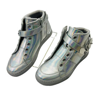 Aldo Shoes Size 8 Mid Top Silver Metallic Buckle Lace Up Zip